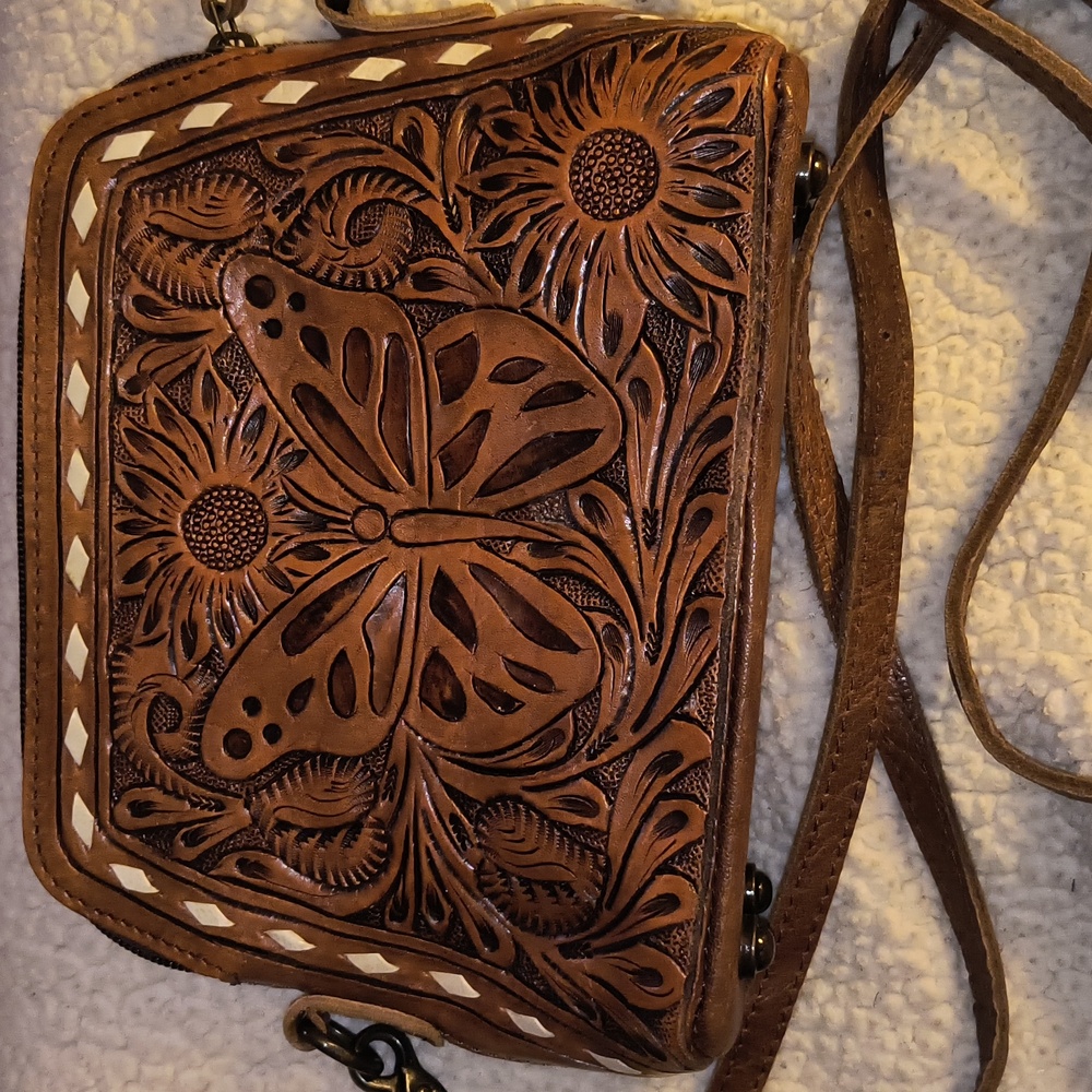 American Darling Excuisite Brown Leather Butterfly Embossed Women's Bag